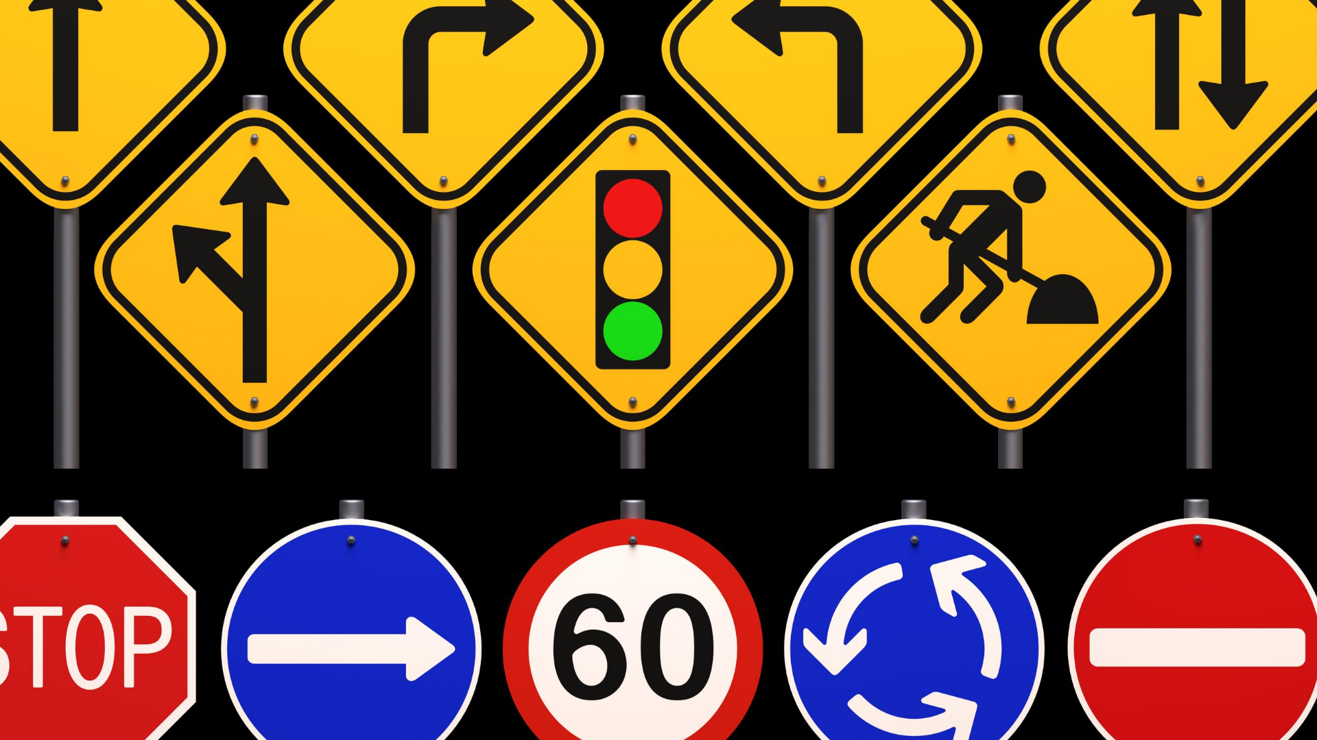 variety of street signs with conflicting messages