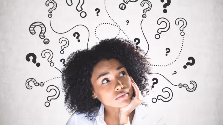 woman thinking with question mark illustrations around head
