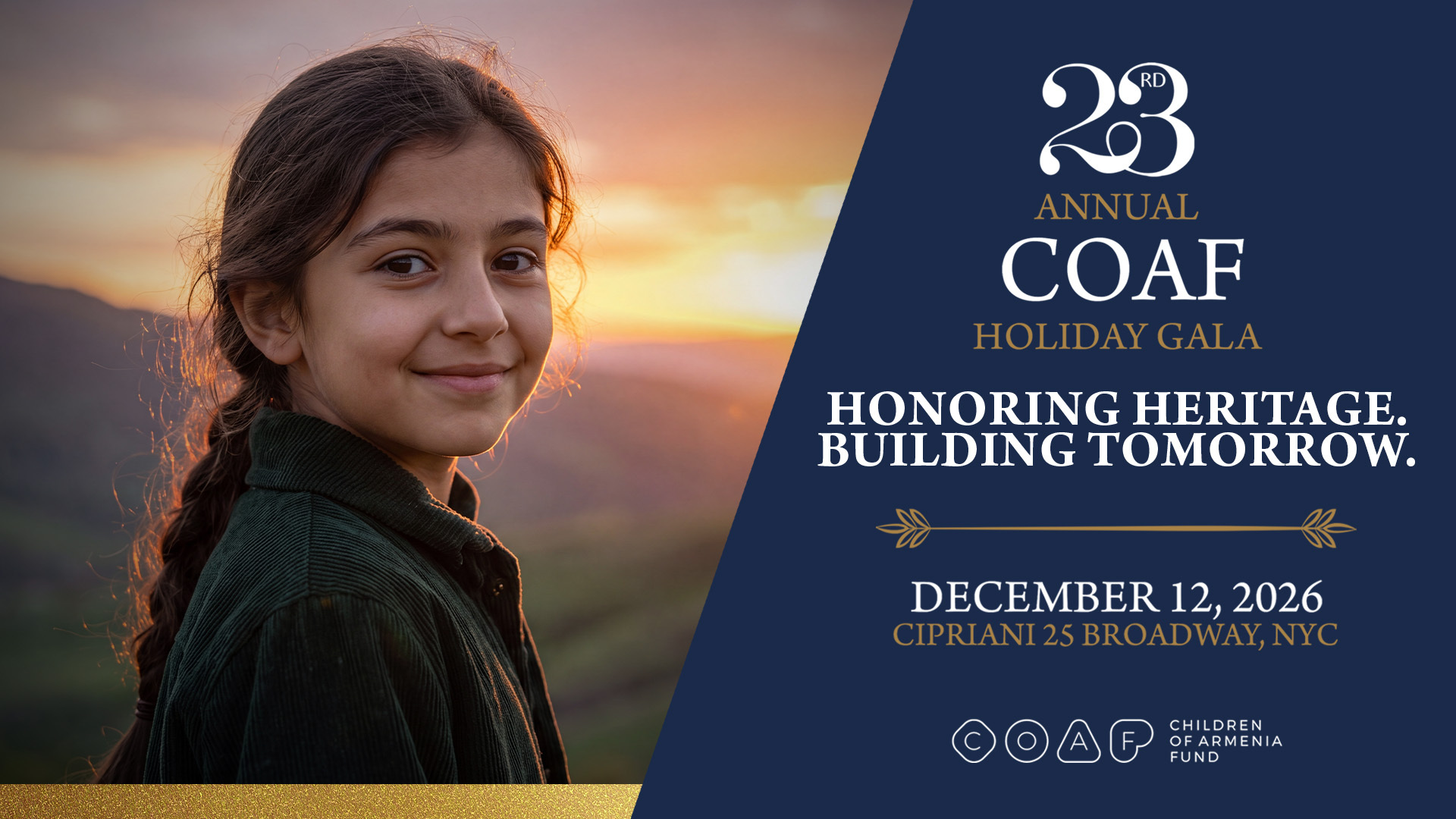 Smiling girl with braided hair in a green jacket at sunset, next to COAF 23rd Annual Holiday Gala text.