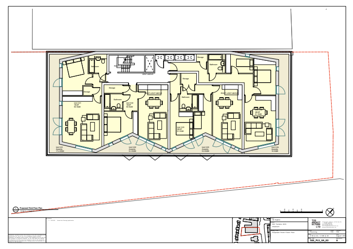 Architectural floor plan of a building showing various rooms and layout details. The plan includes labels and measurements, furniture placement, and architectural symbols. The drawing is in black ink with yellow shading to highlight certain areas, and it is bordered by blue and red lines. There are also some annotations and a logo in the lower right corner.