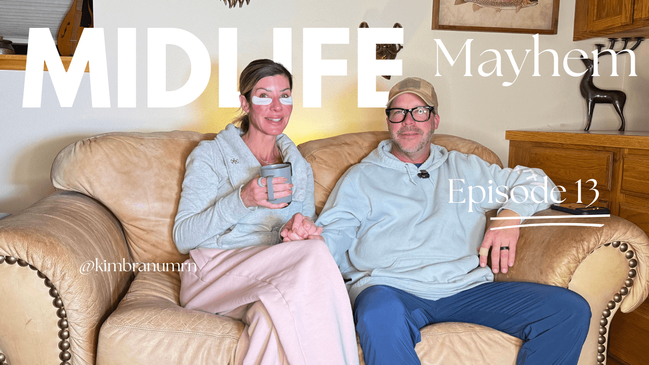 Kim Branum and guest seated together for Midlife Mayhem Episode 13, discussing how a PA, a nurse, and a 3:30 AM idea created the patient-first Thin Space Wellness practice.