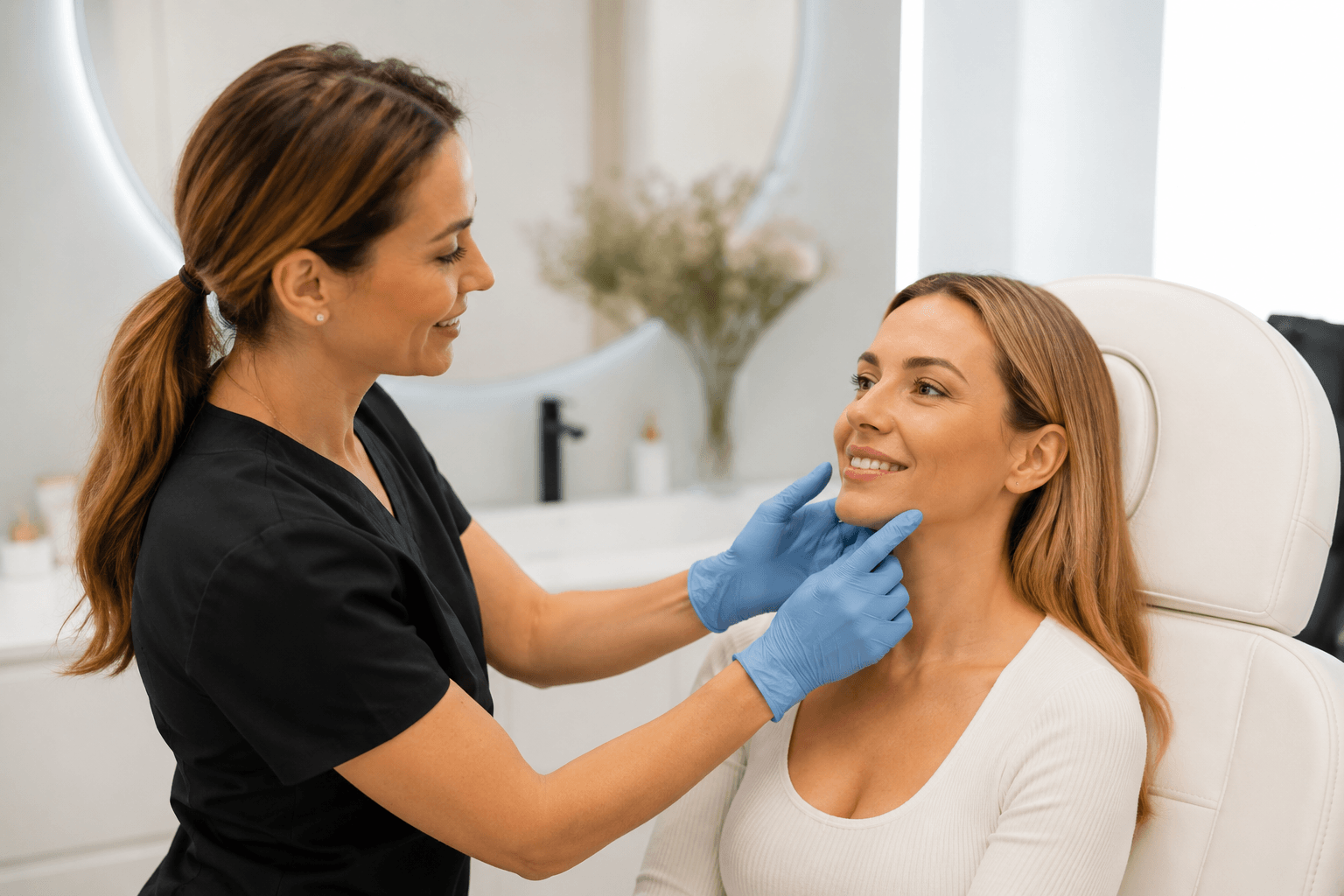 Patient meeting with a provider before a first Botox appointment in Mount Holly, North Carolina, discussing treatment goals and facial assessment.