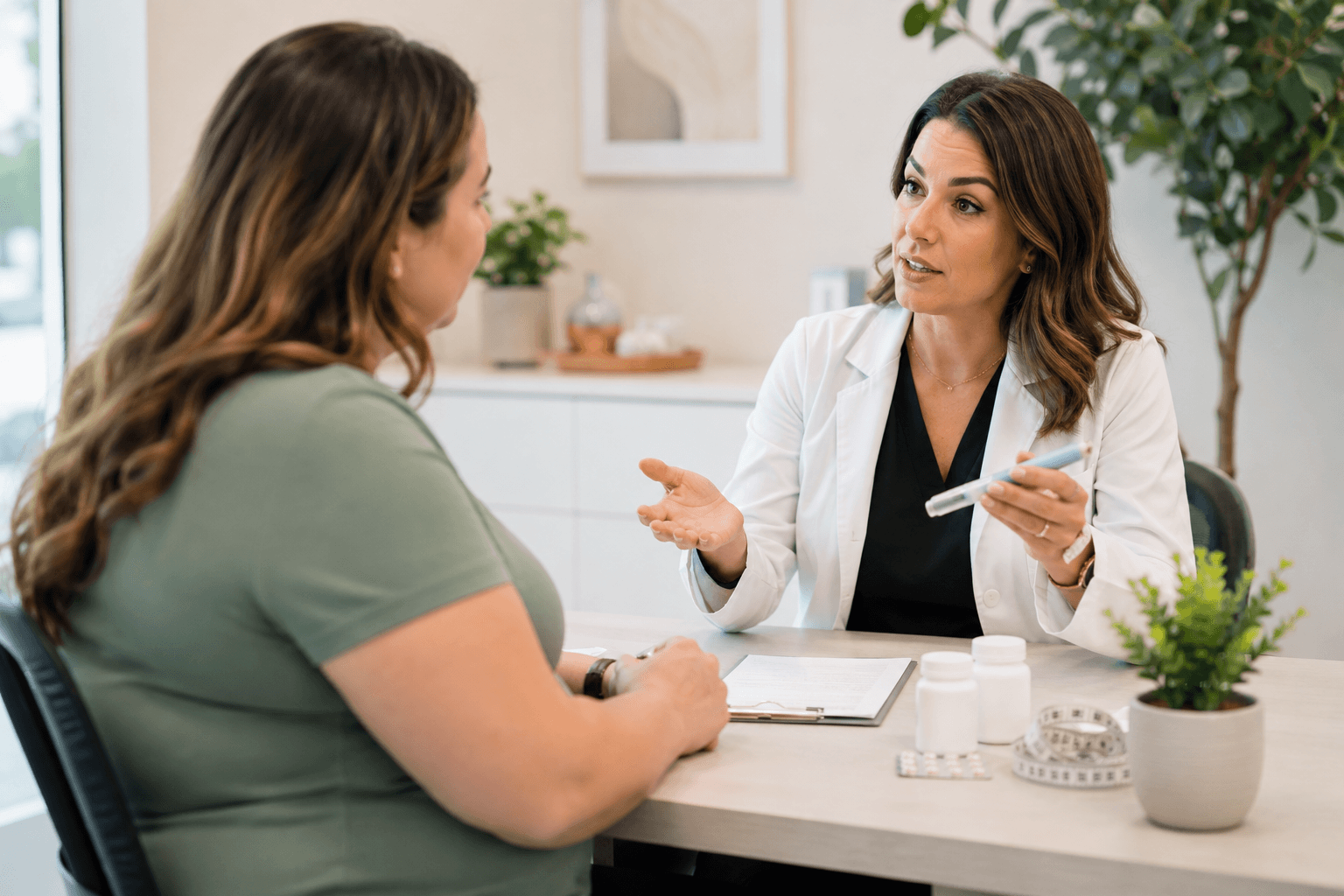 Medical provider discussing personalized weight loss options, including weekly injections, oral tablets, and phentermine, with a patient in Mount Holly, North Carolina.
