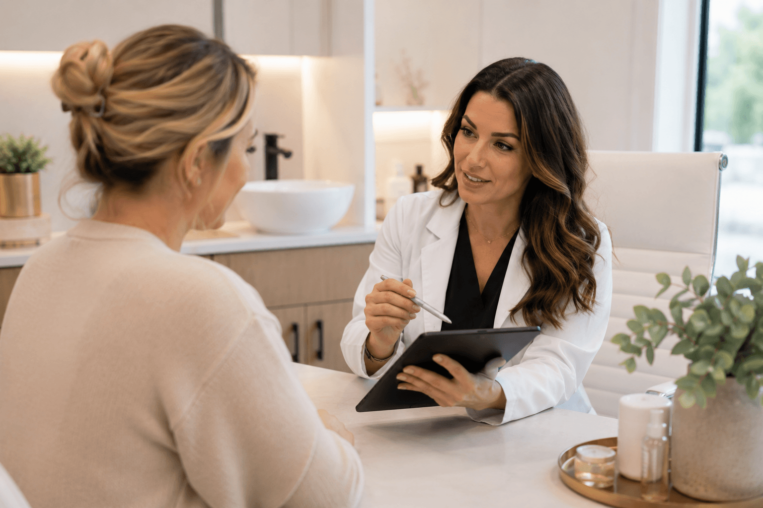 Medical aesthetic provider consulting with a patient about skincare treatments at a medspa in Mount Holly, North Carolina.
