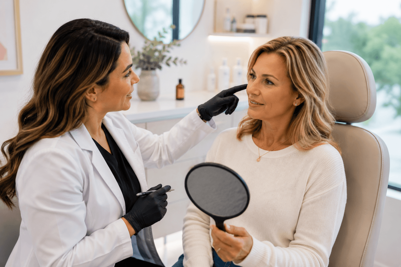 Provider explaining expected Botox results and treatment longevity during a consultation with a patient in Mount Holly, North Carolina.