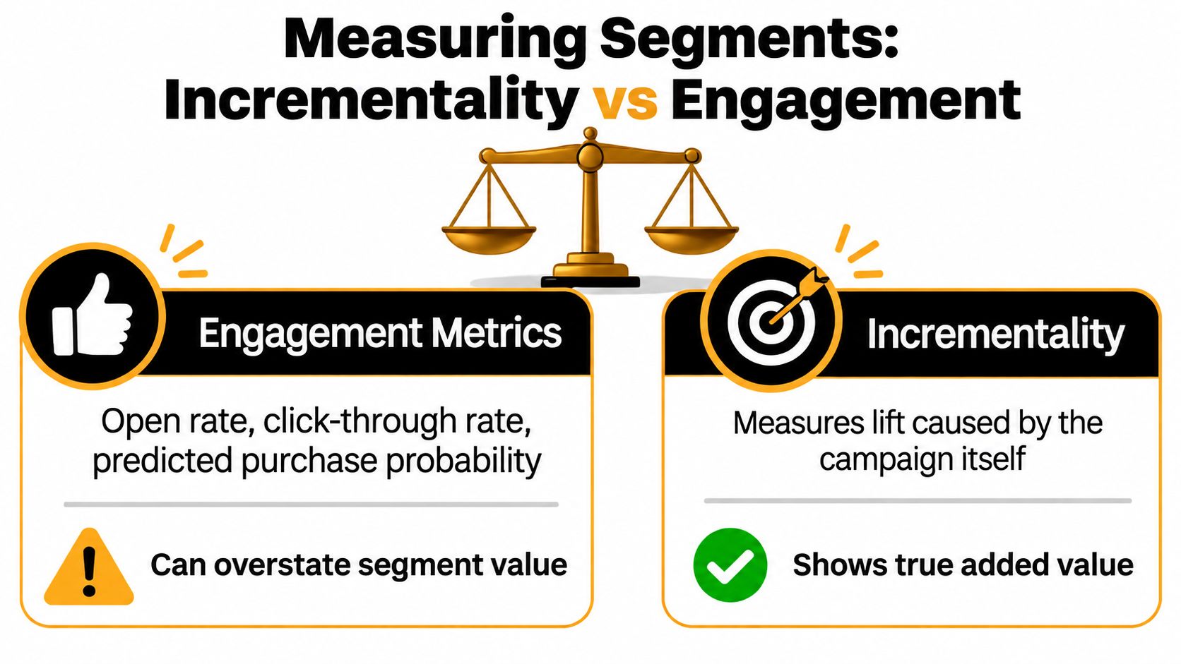 A comparison infographic between engagement metrics and incrementality for measuring customer segments, featuring a balanced scale icon.