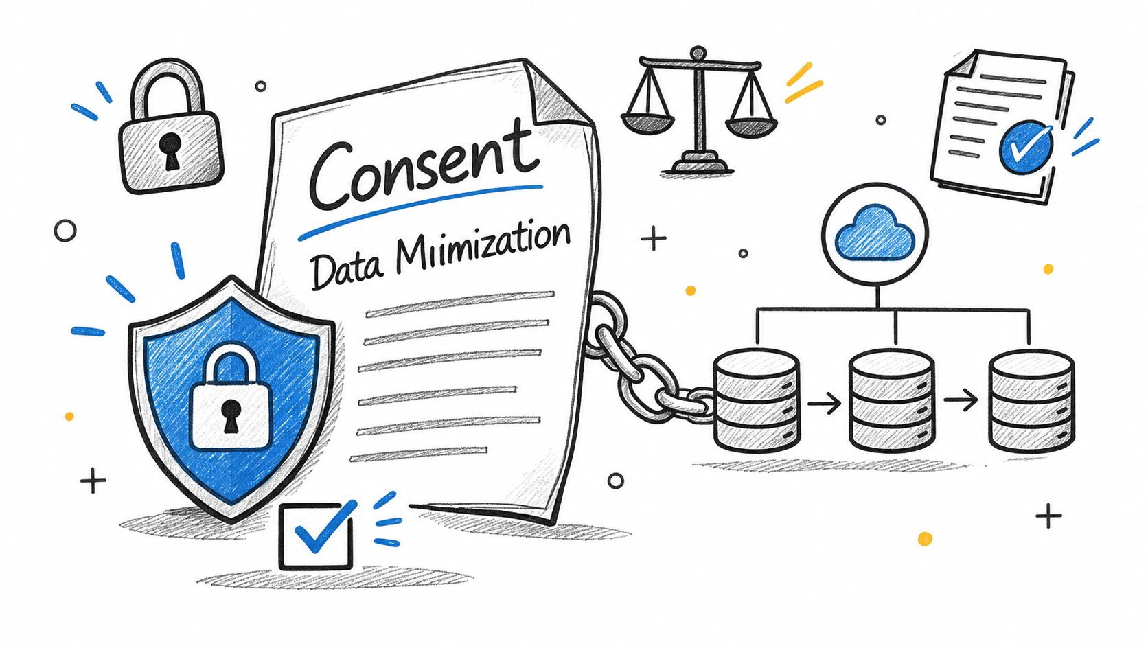 A conceptual illustration of data privacy, consent, and minimization represented by security icons, documents, and database diagrams.