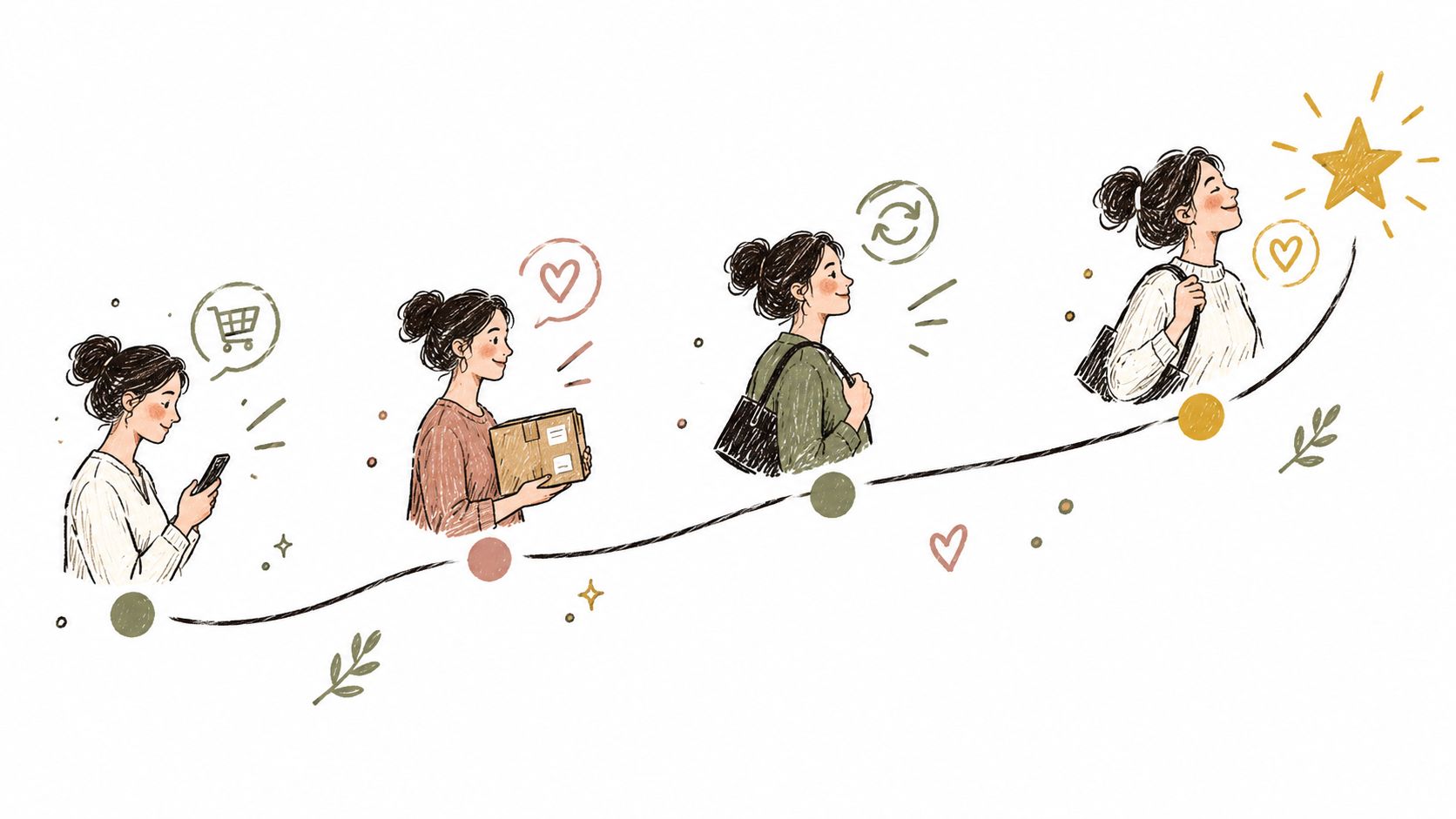 A hand-drawn illustration depicting a customer journey from online shopping to receiving a positive rating.