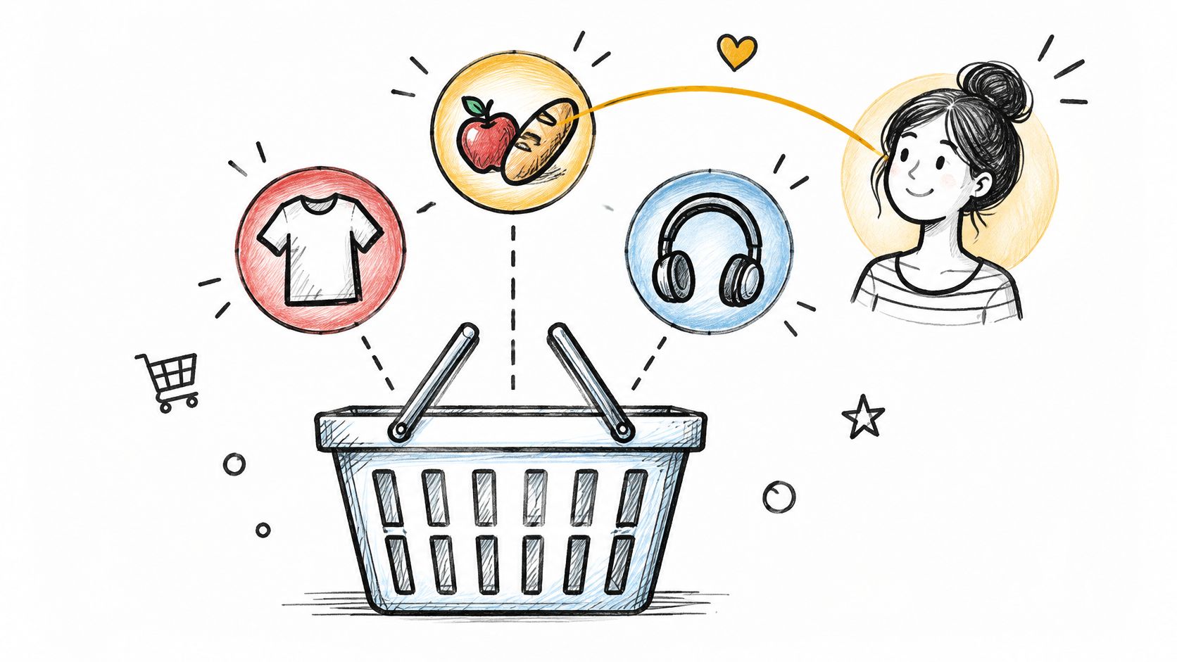 A hand-drawn illustration showing a shopping basket connected to icons of clothes, food, and headphones near a girl.
