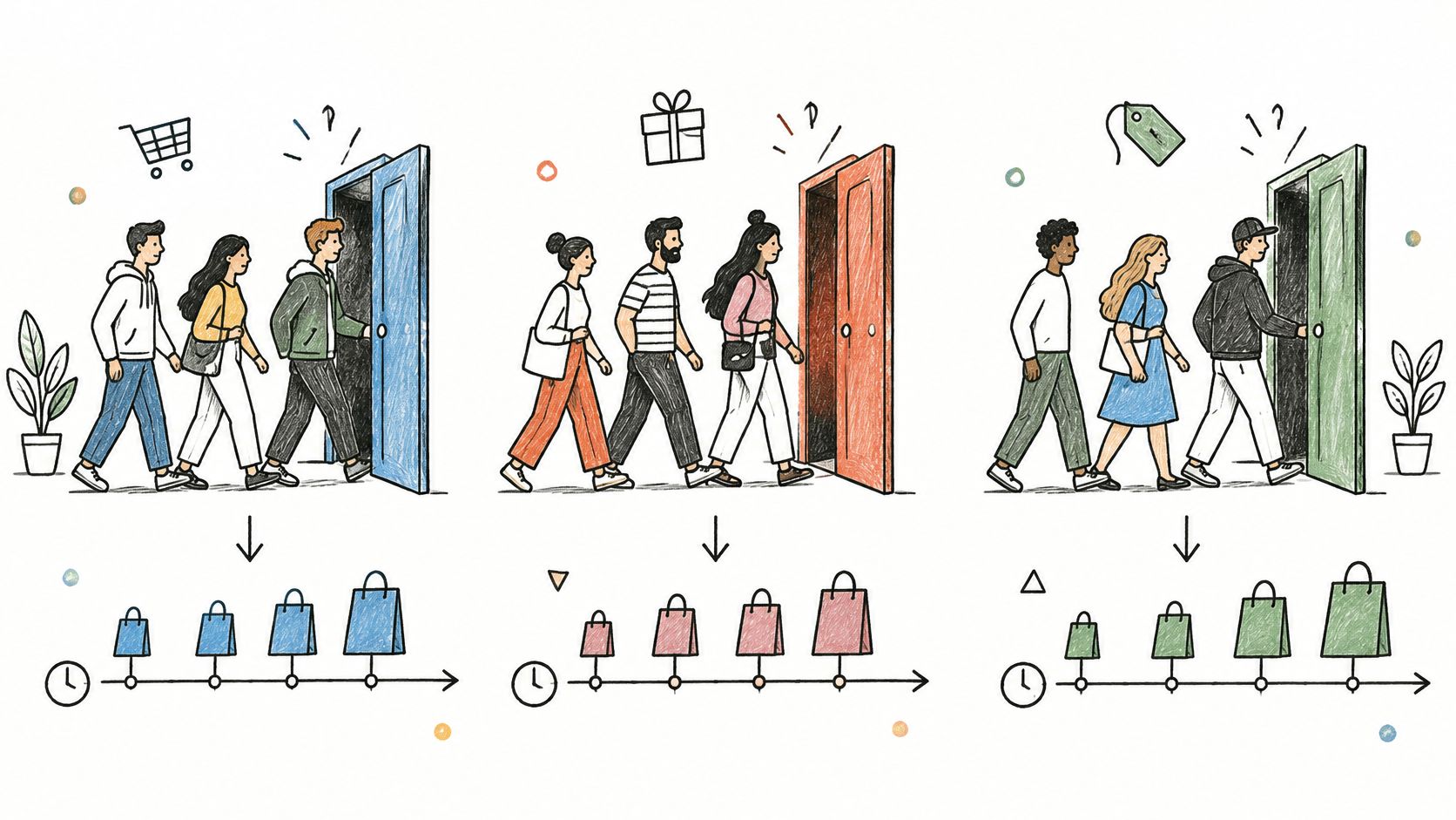 A hand-drawn illustration showing three groups of customers entering different doors leading to varied shopping bag outcomes.