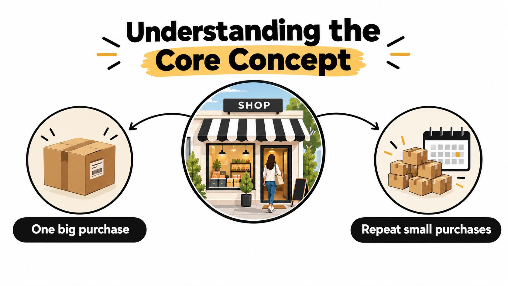 An infographic illustrating the difference between one-time large purchases and recurring small customer purchases for ecommerce businesses.