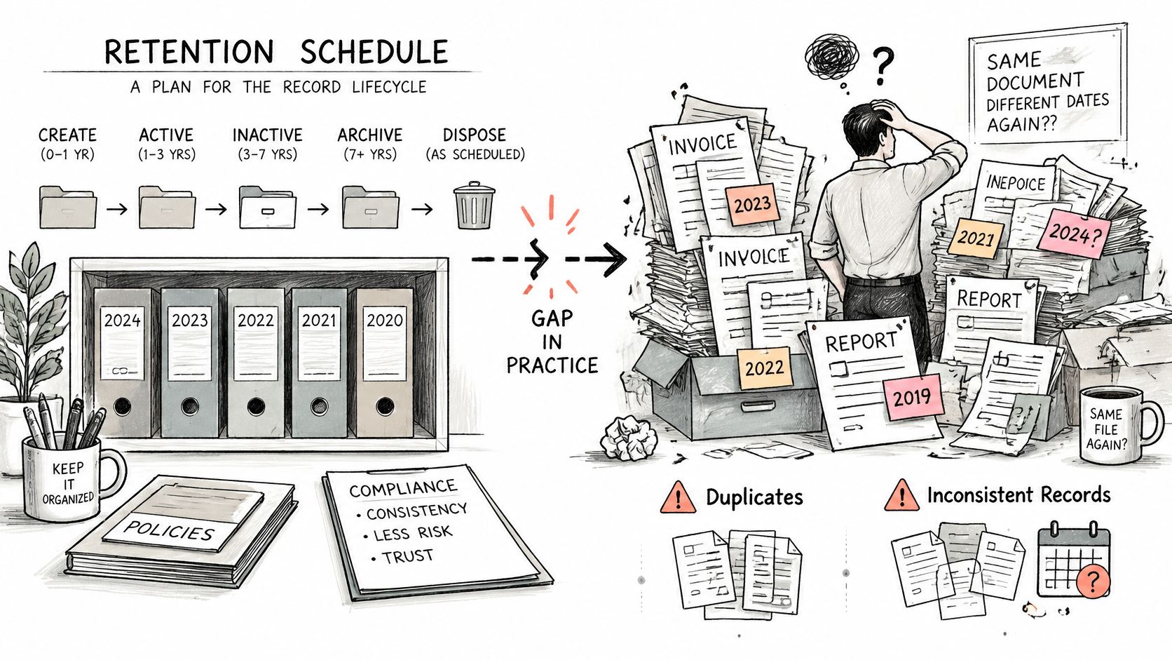 A diagram illustrating a record retention schedule process contrasted with a disorganized office filing system causing confusion.