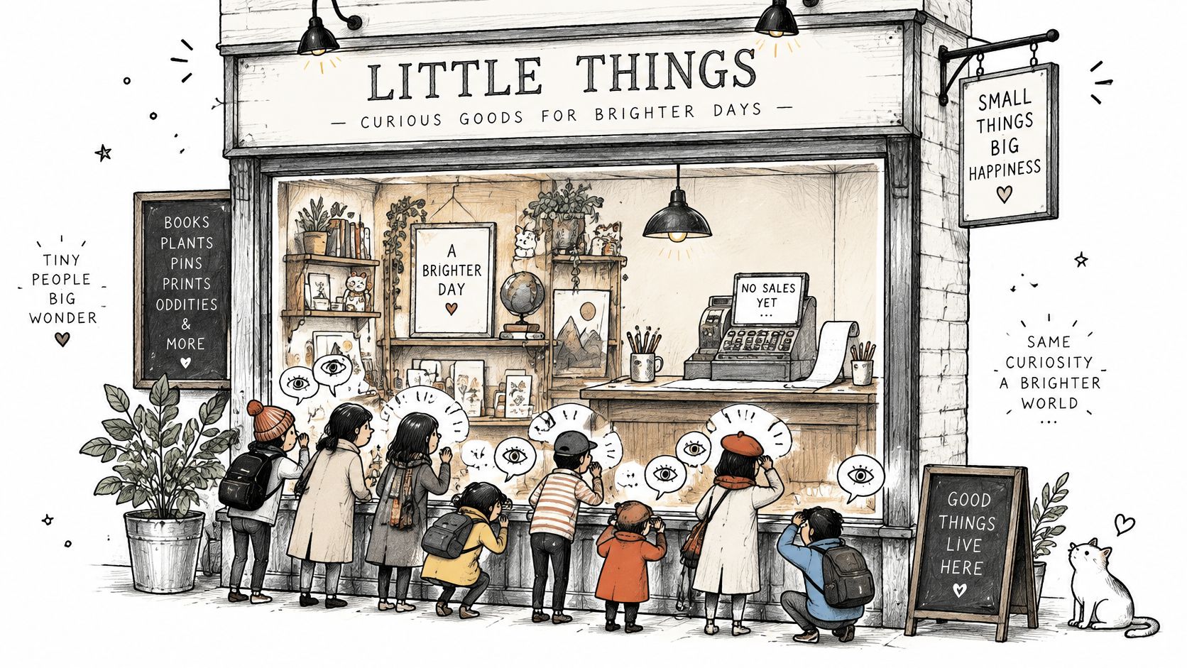 A charming shop named Little Things with curious onlookers peering through the window at unique store items.