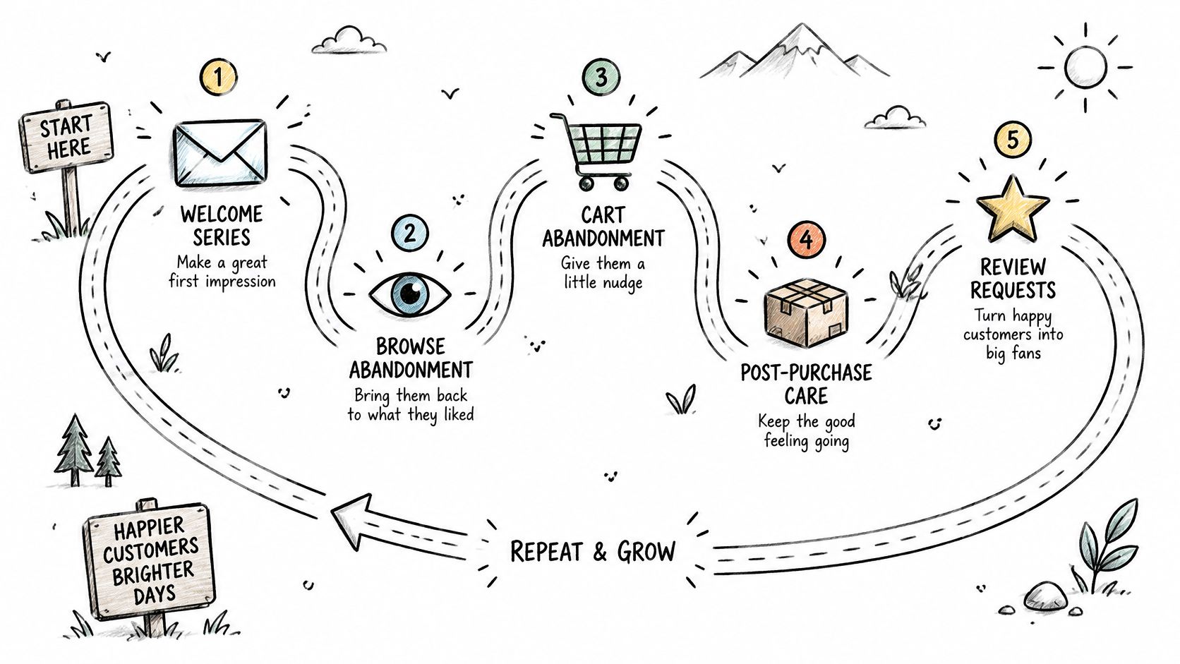 A hand-drawn illustration showing a five-step customer journey for ecommerce email marketing and CRM strategies.