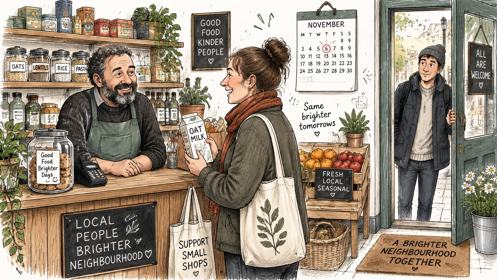 A friendly shopkeeper serving a female customer at the counter of a cozy, local small grocery store.