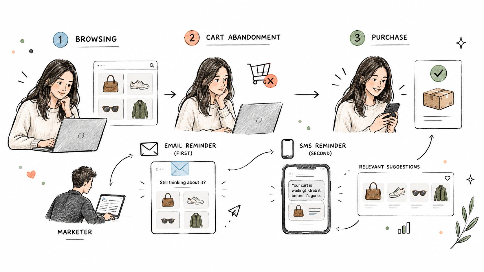 A diagram illustrating the three phases of the e-commerce customer lifecycle including browsing, cart abandonment, and purchasing.