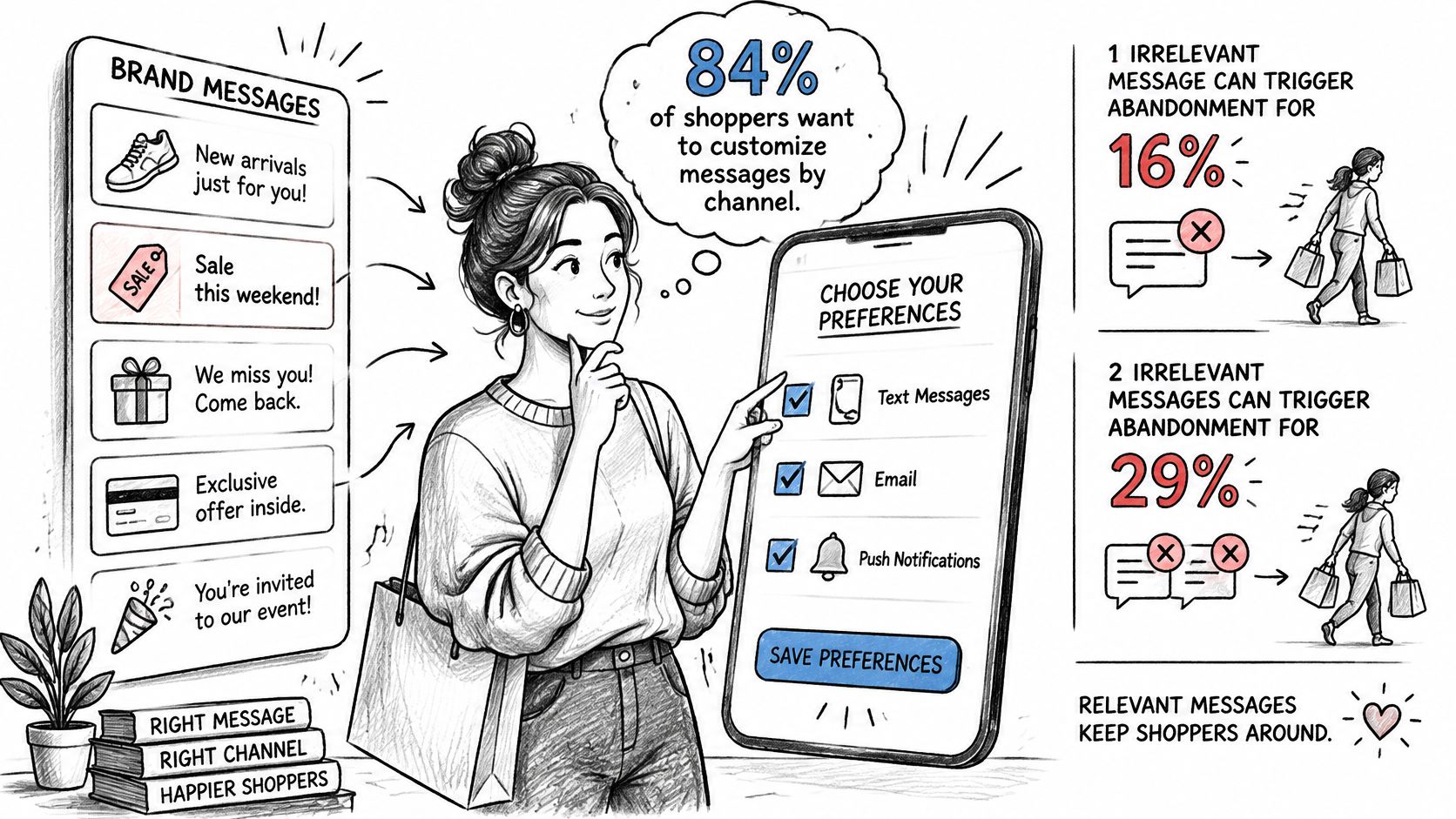 A woman choosing message preferences on a smartphone to avoid irrelevant brand marketing and abandonment.