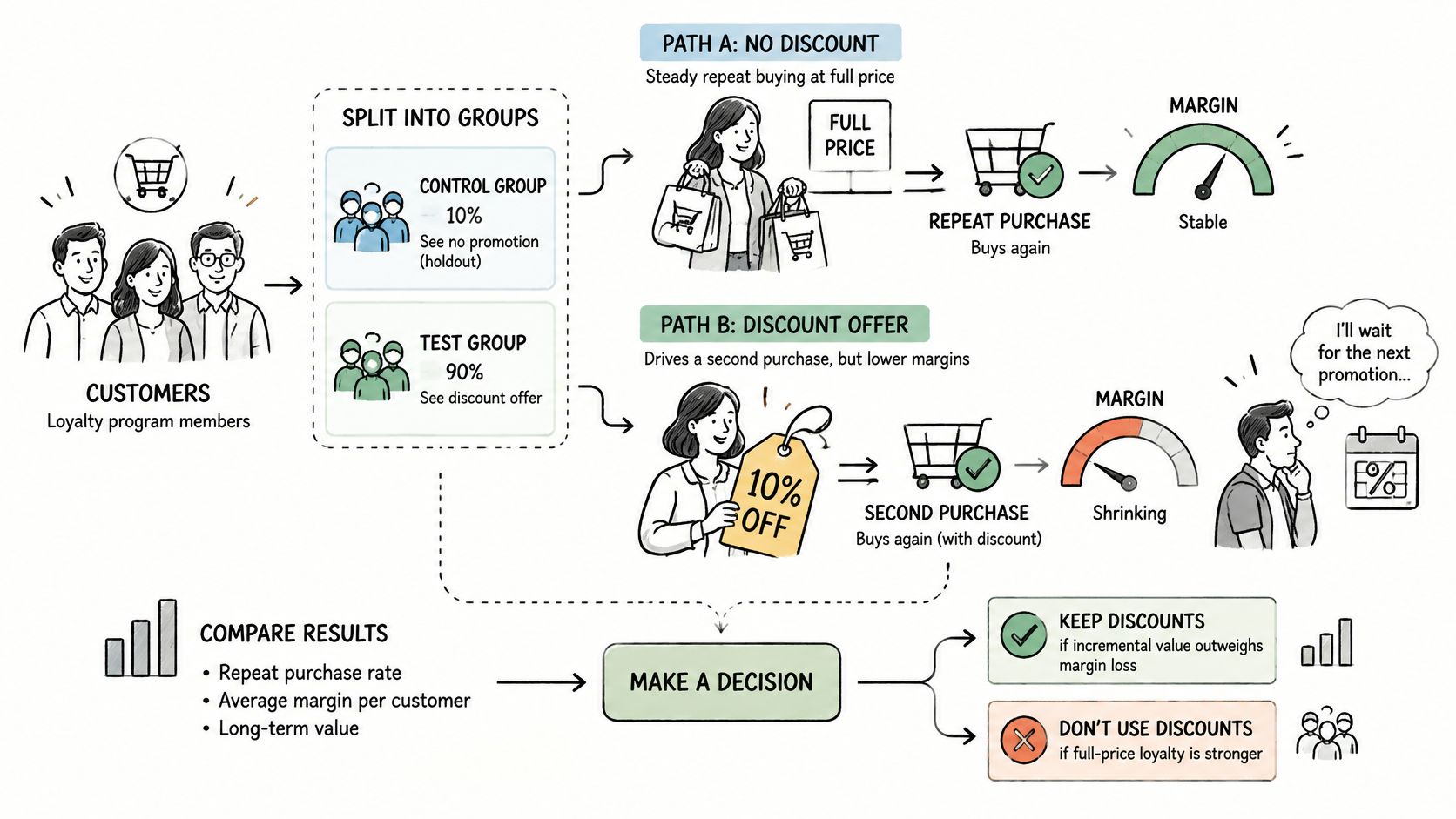 A diagram comparing the effects of discount offers versus full-price purchases on customer loyalty program retention.
