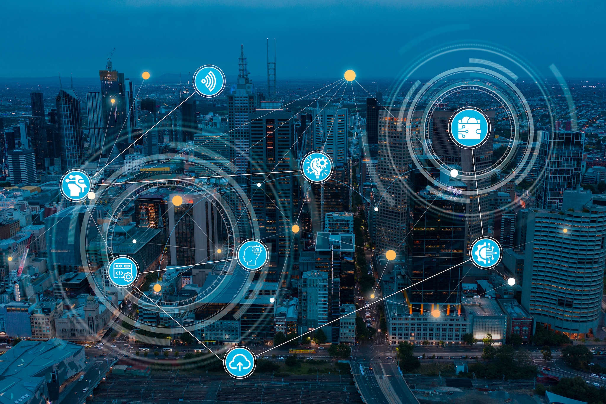 Graphic of a city skyline with interconnective webbing showing electricity