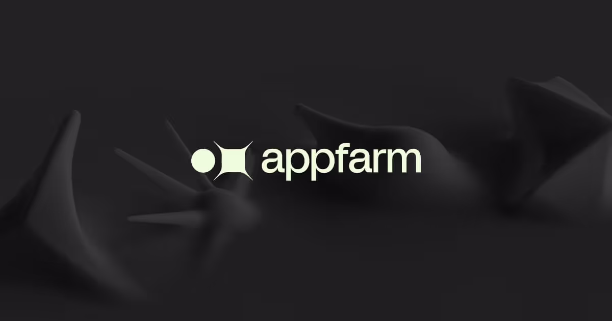 The appfarm logo and name in front of a dark branded background that contains 4-D super shapes 
