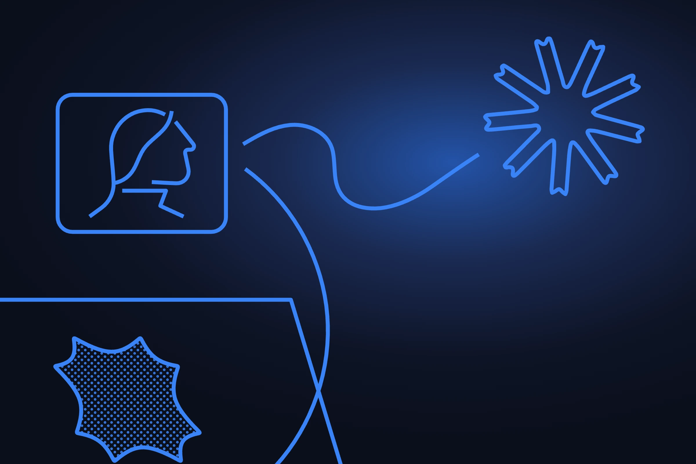 Minimalist blue line drawing of a woman’s profile connected by a flowing line to a starburst on a dark blue background.