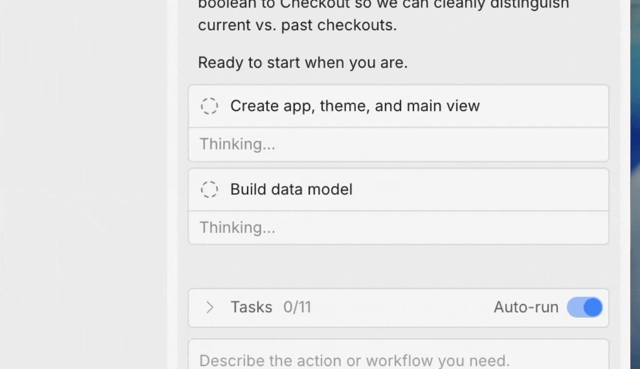 Animated view of Appfarm AI building an app shell and data model while each subagent works.