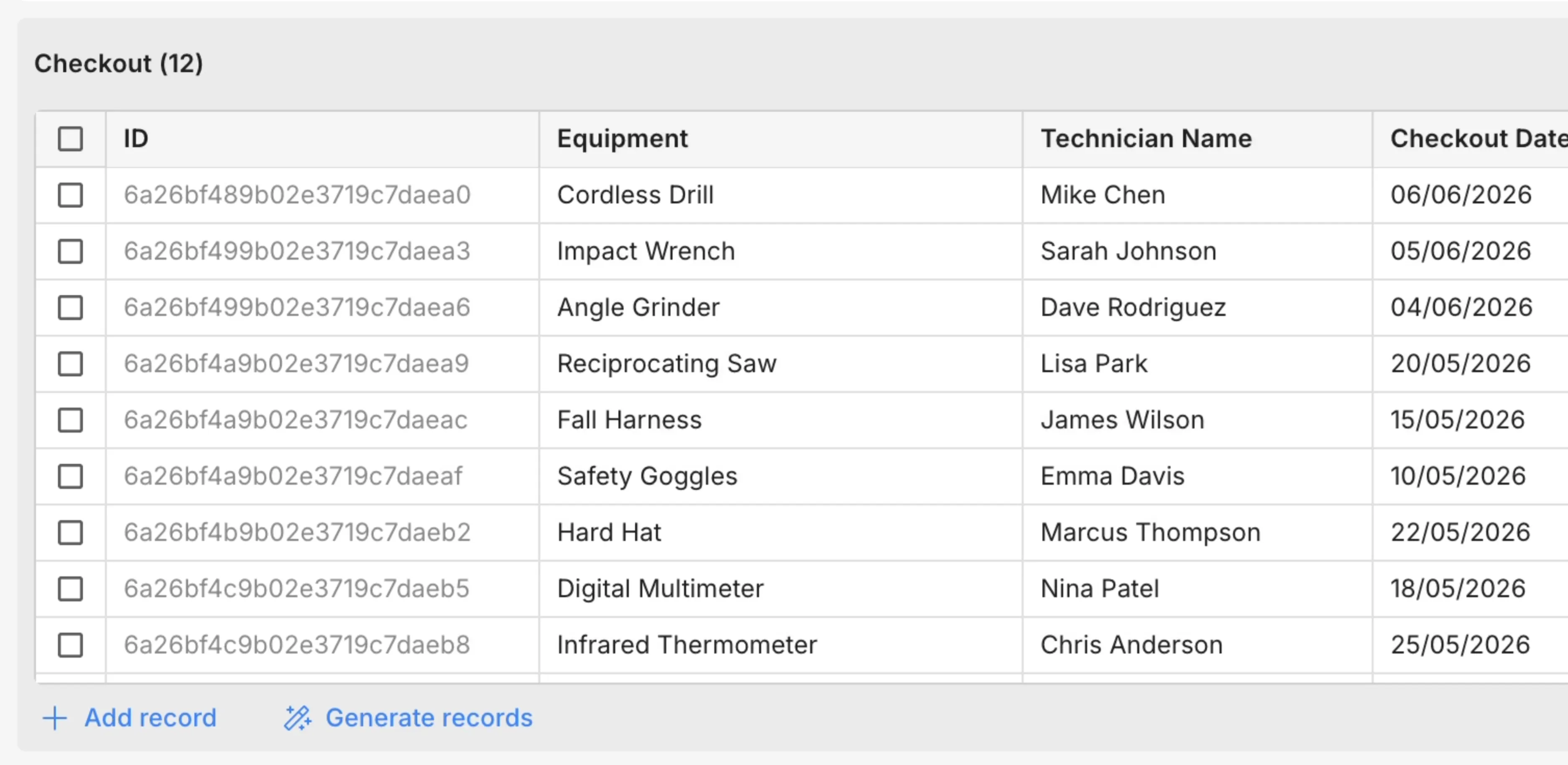 Sample development database records shown in a data table inside Appfarm Create.
