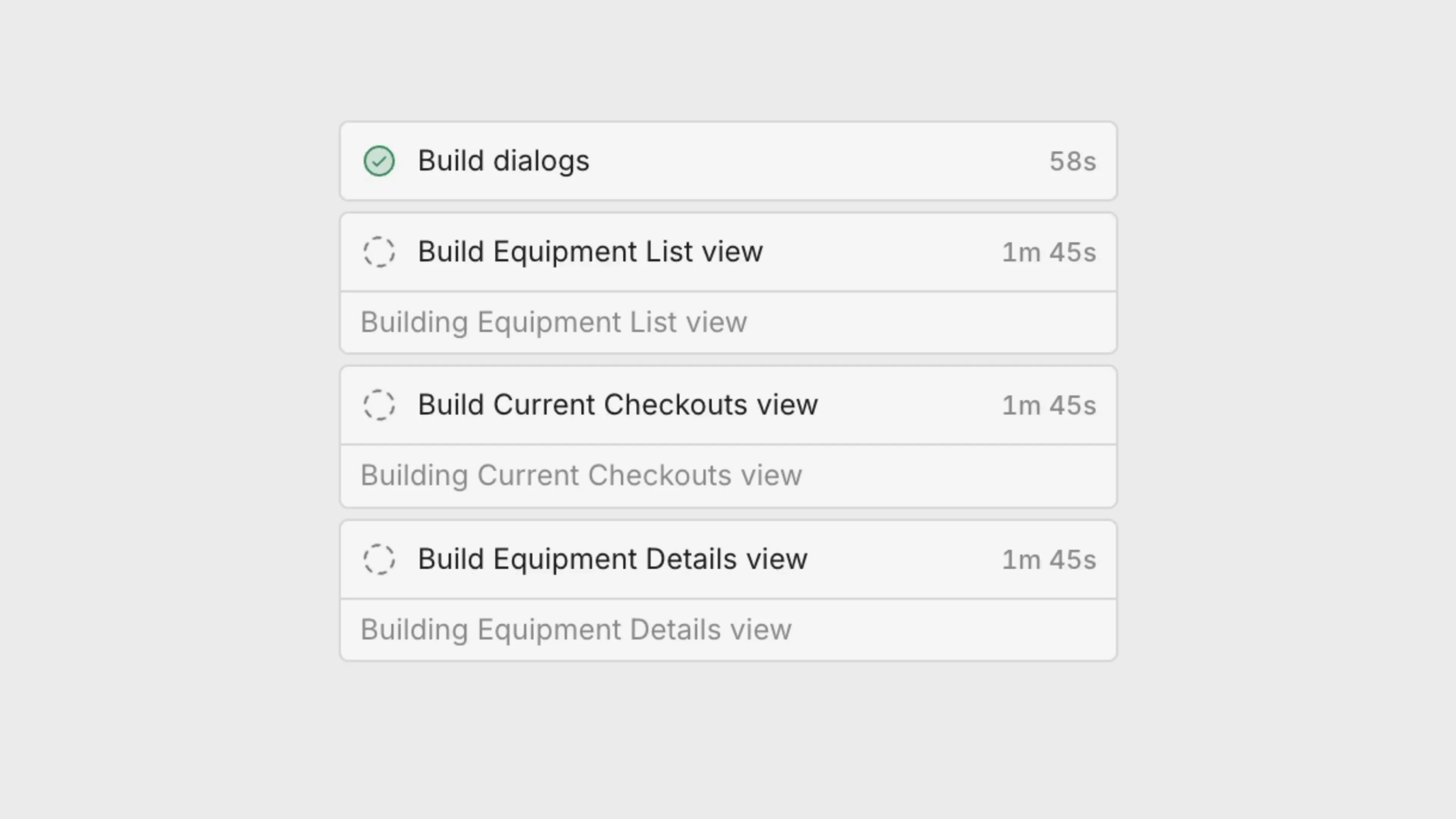 Appfarm AI build panel showing three app views building in parallel, with one completed task above, as subagents work.