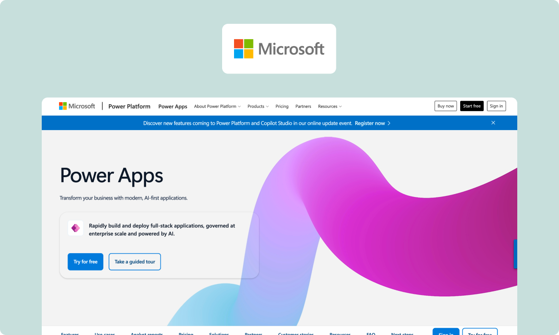 Screenshot of Microsoft Power Apps' landing page