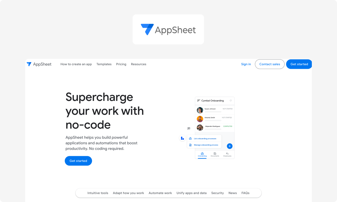 Screenshot of AppSheet's homepage
