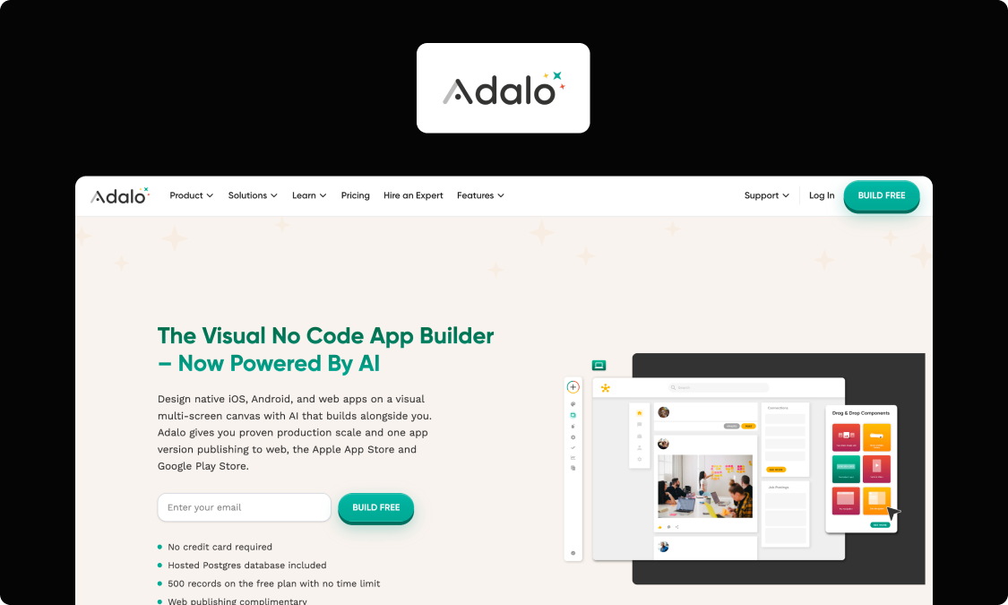 Screenshot of Adalo's homepage