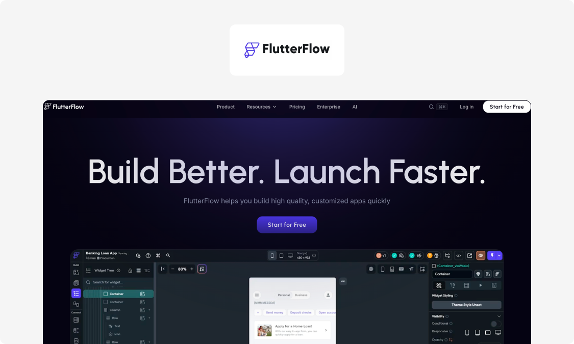 Screenshot of FutterFlow's homepage.
