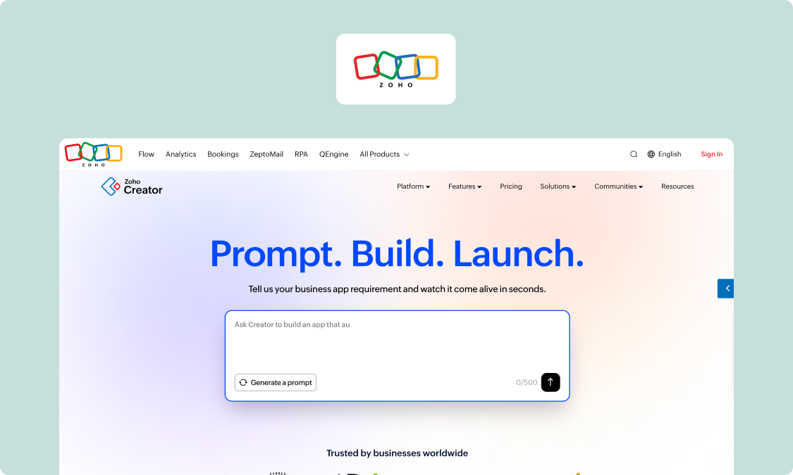 Screenshot of Zoho Creator's homepage