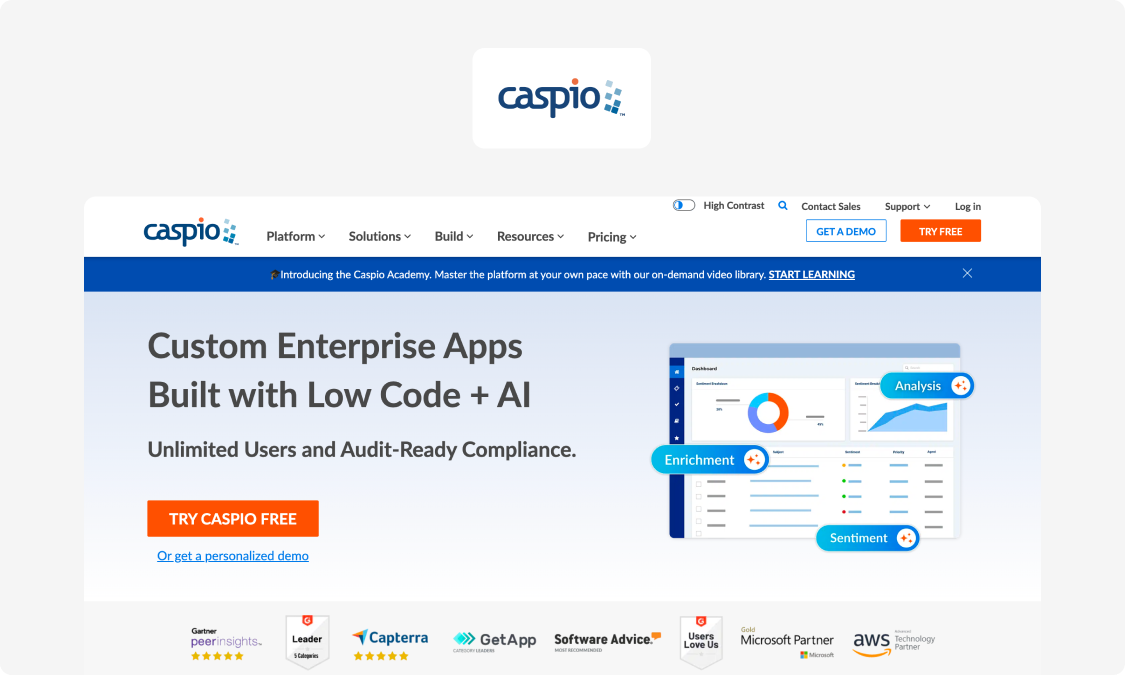 Screenshot of Caspio's homepage