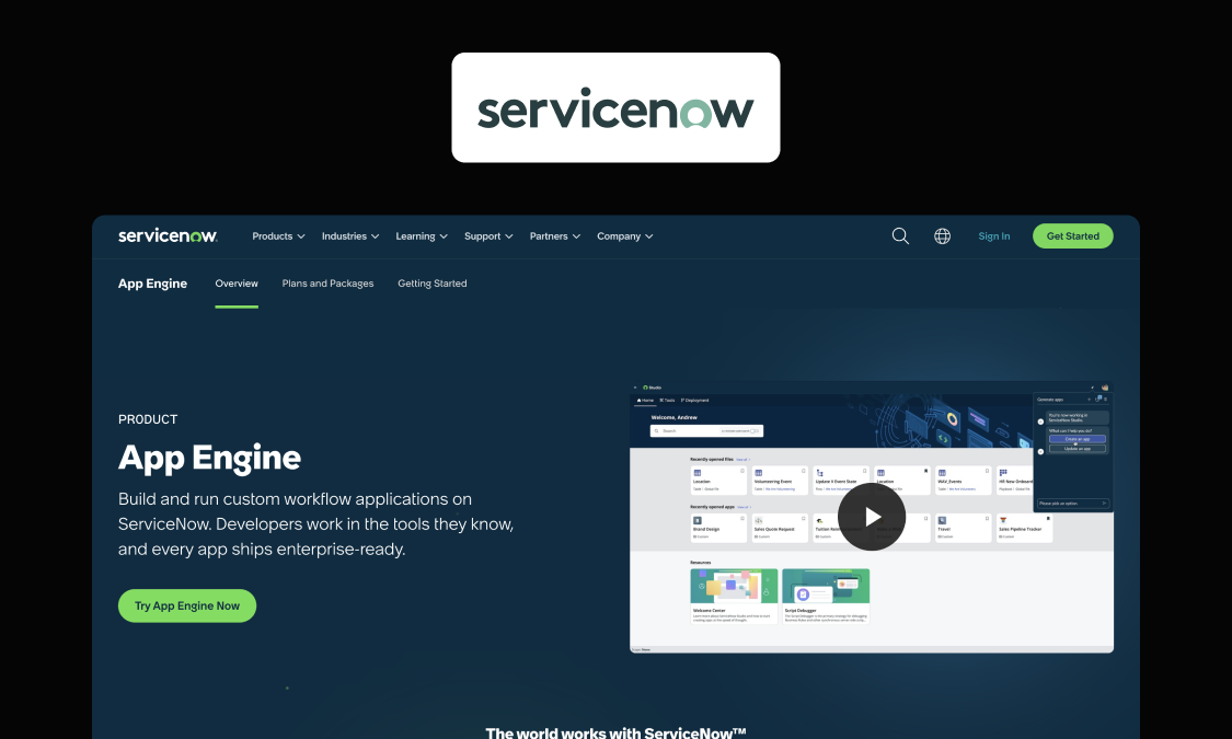 ServiceNow App Engine homepage