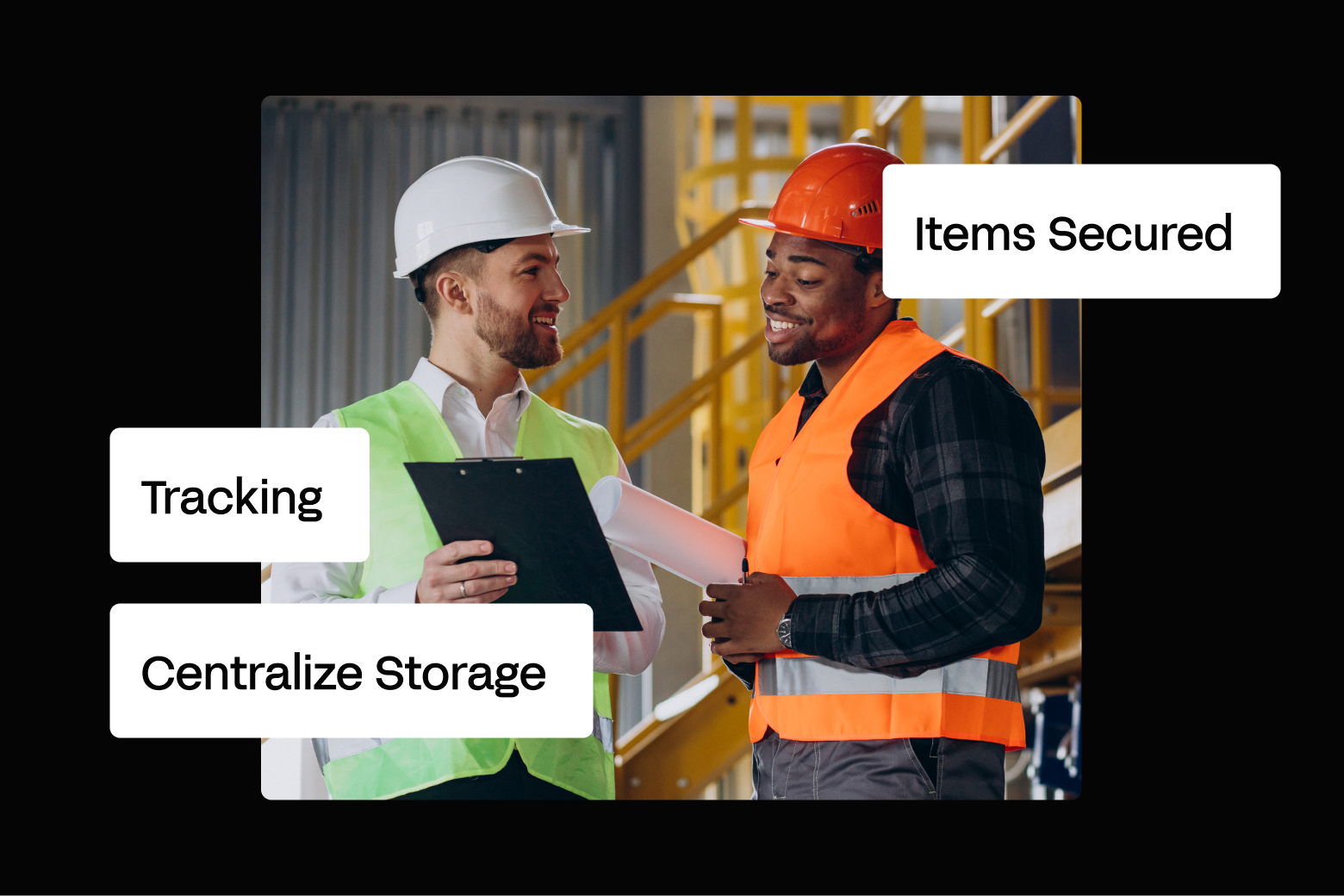 Construction workers reviewing site inventory on a tablet, with tracking, storage, and secured-items callouts