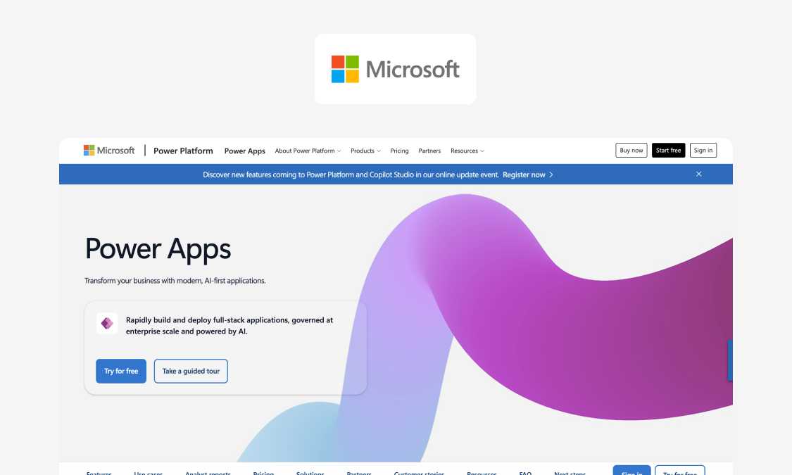 Microsoft Power Apps interface for building internal inspection apps
