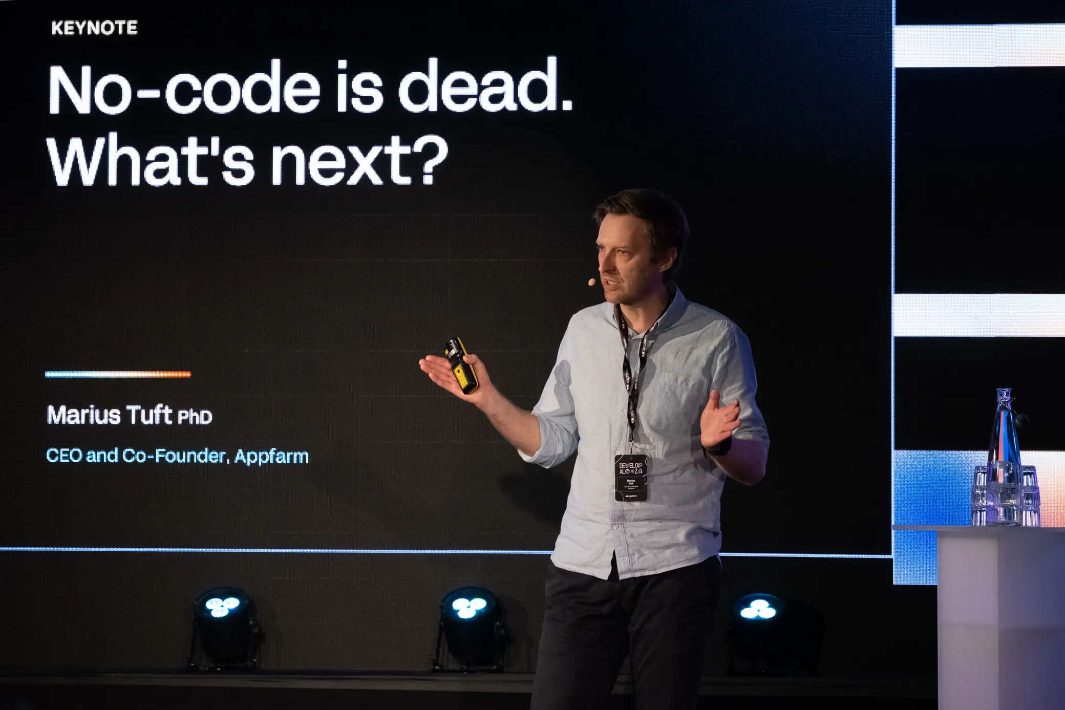 Marius Tuft on stage at Developalooza 2026, opening his keynote.