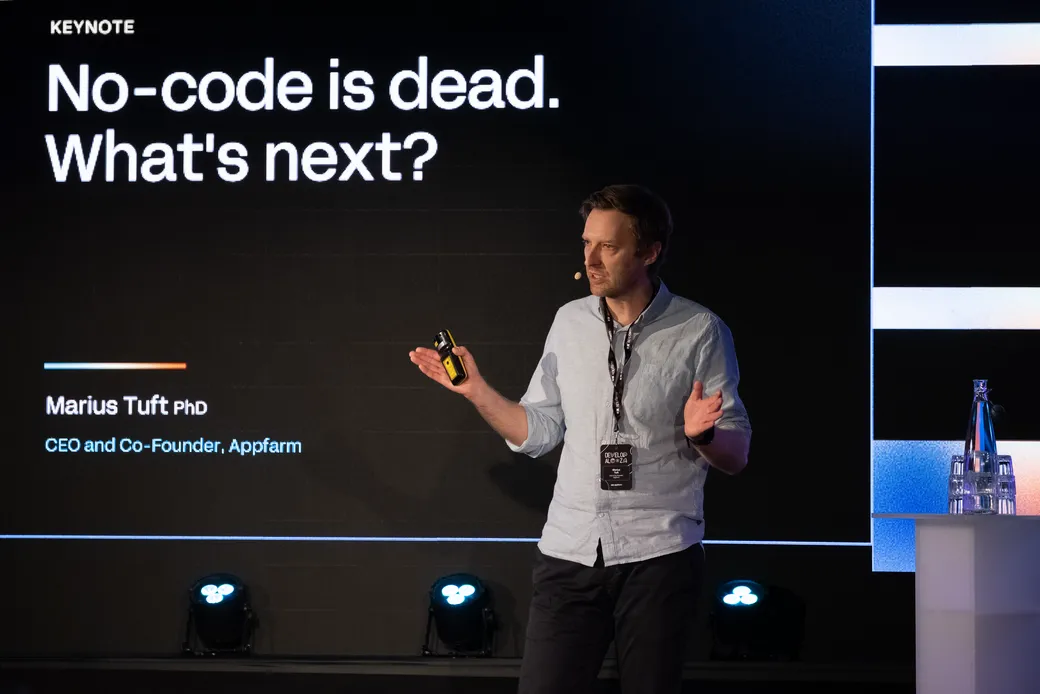 Marius Tuft on stage at Developalooza 2026, opening his keynote.