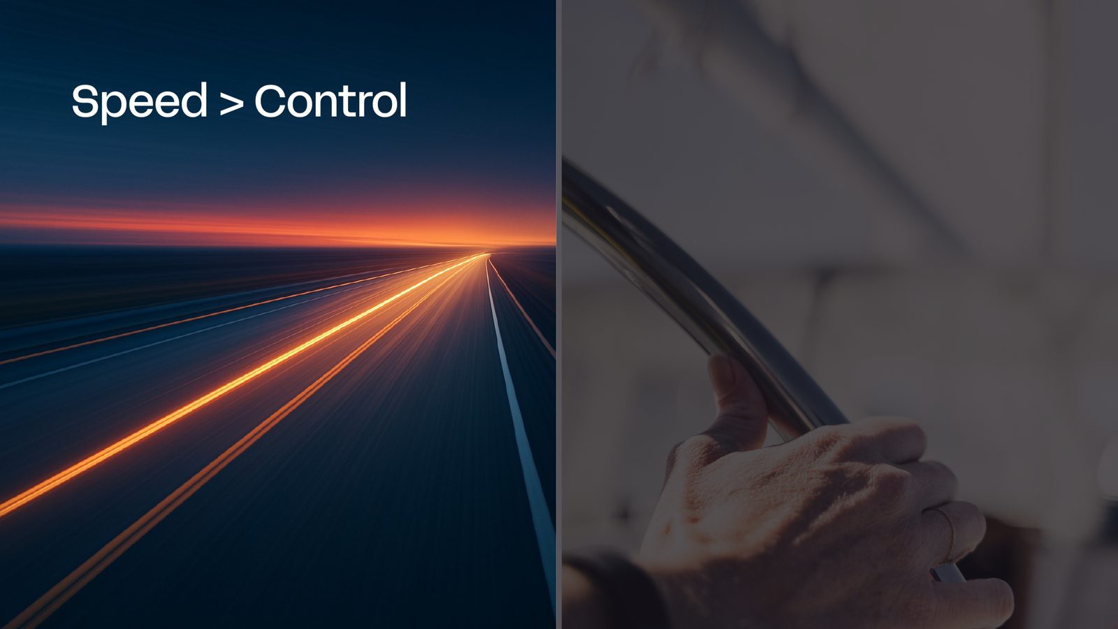 Slide weighing speed above control, over a photo of a road at night and hands on a steering wheel.