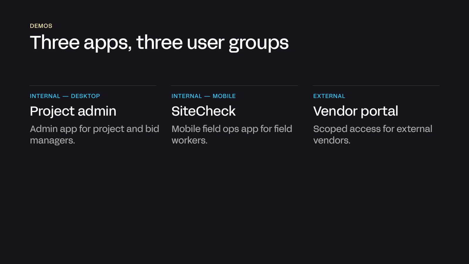 Slide showing three apps for three user groups: Project admin, SiteCheck for field workers, and a vendor portal.