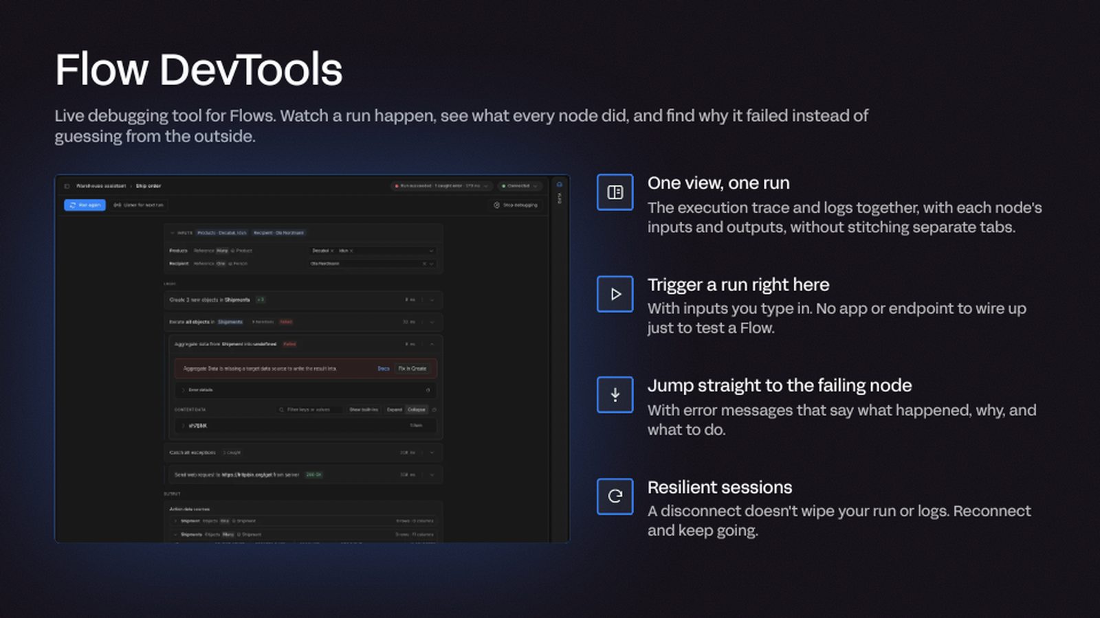 Flows DevTools slide showing the debugging panel, with a test run, the failing node highlighted and session logs
