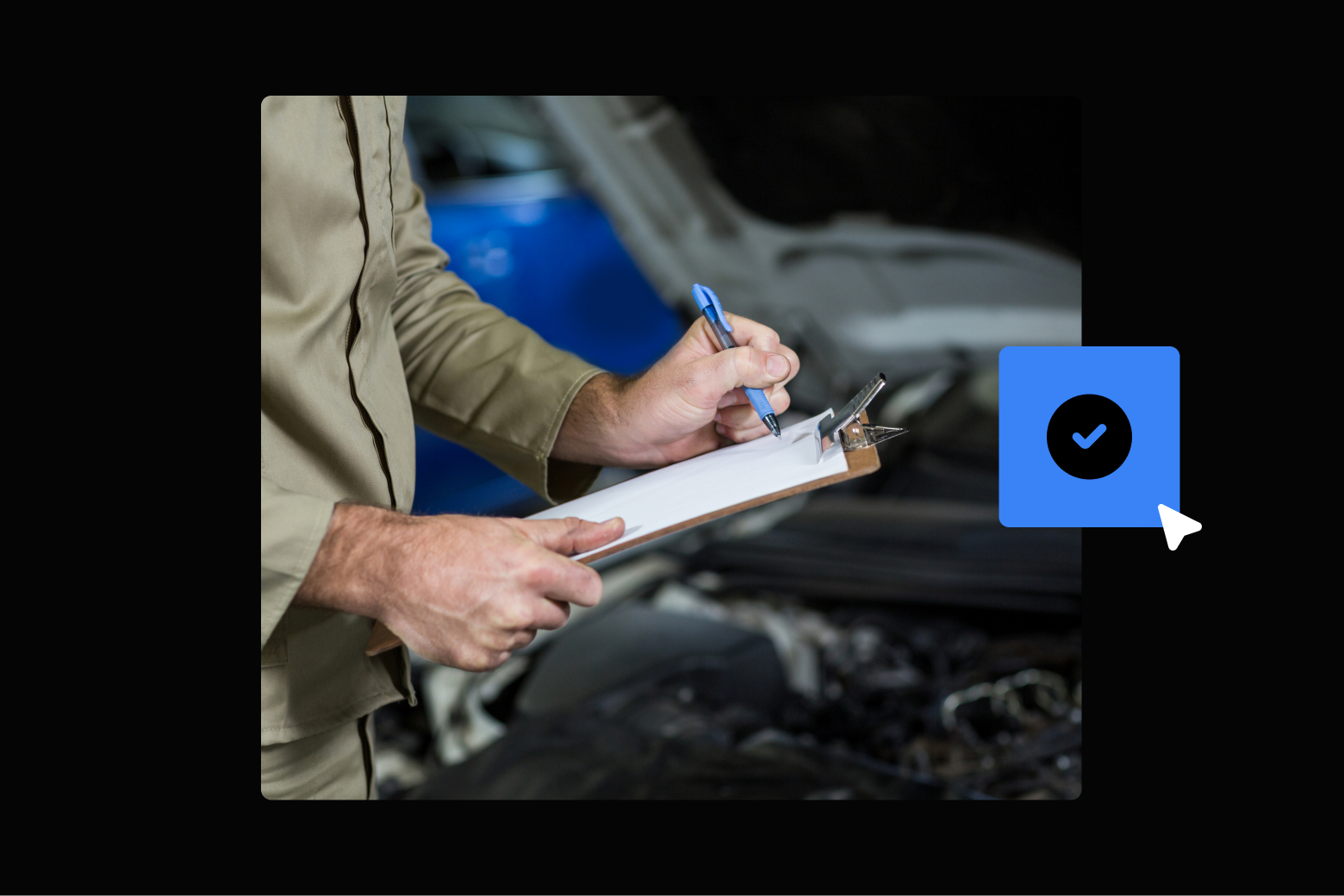 Two field service workers reviewing a vehicle inspection app on a tablet
