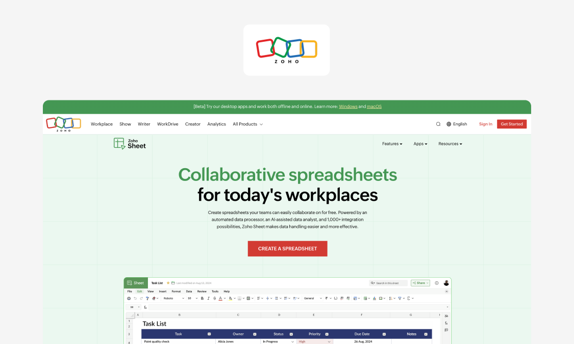 Zoho Sheet, a cloud spreadsheet inside the Zoho suite