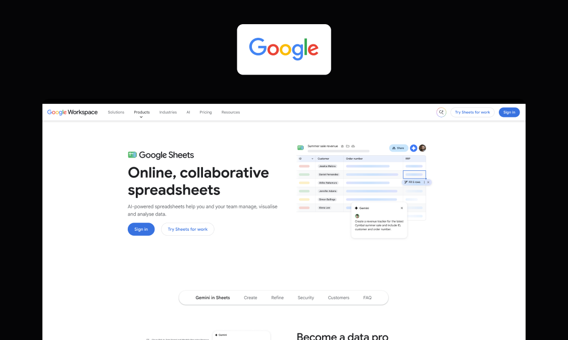 Google Sheets, a collaborative browser spreadsheet for shared analysis and trackers