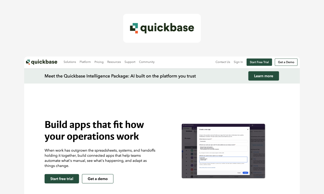 Quickbase, a no-code application platform with relational tables for operational process apps