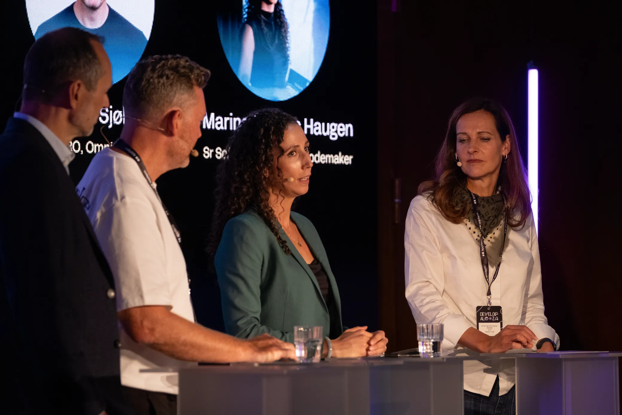 Marina Santos Haugen speaking during the panel, with Anne Strand-Gjesdal listening beside her