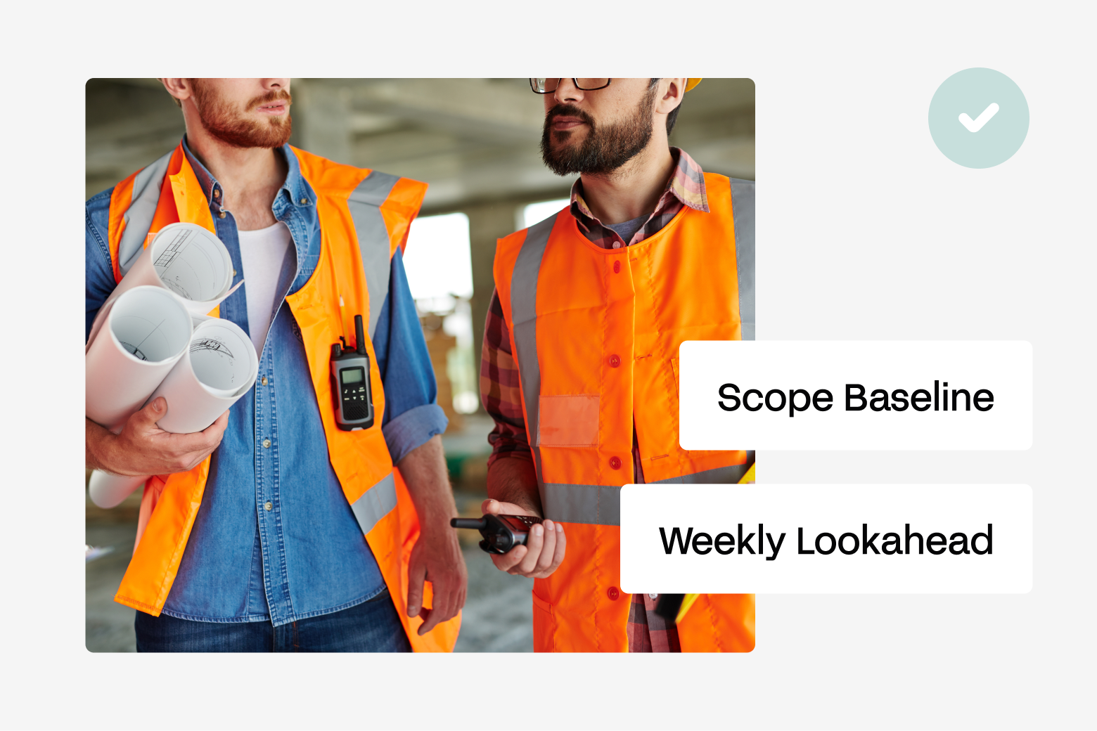 Two site managers in hi-vis vests on a construction site, with scope baseline and weekly lookahead labels