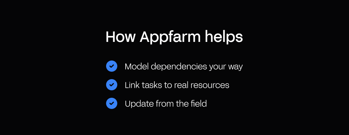 How Appfarm helps: model dependencies your way, link tasks to real resources, update from the field