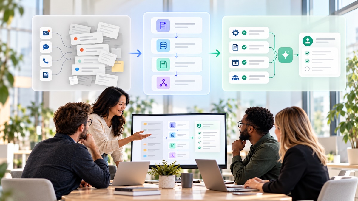 Business operations redesigned from manual complexity into a structured AI-enabled workflow with human review
